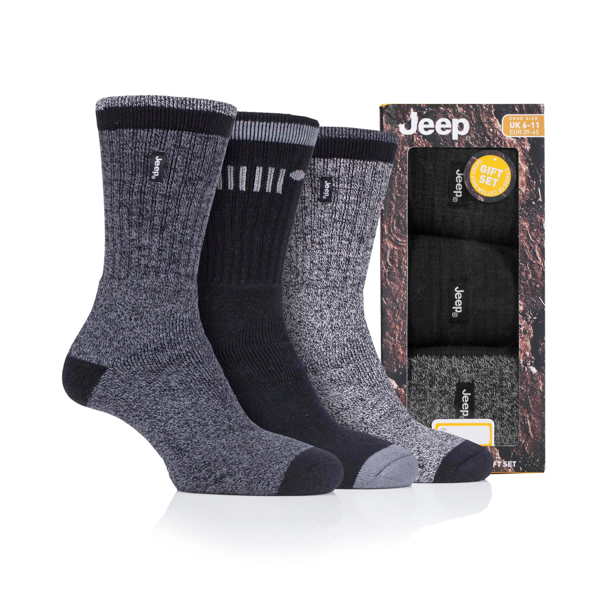 Men's 3 Pair Jeep Terrain Cotton Boot Socks Gift Box