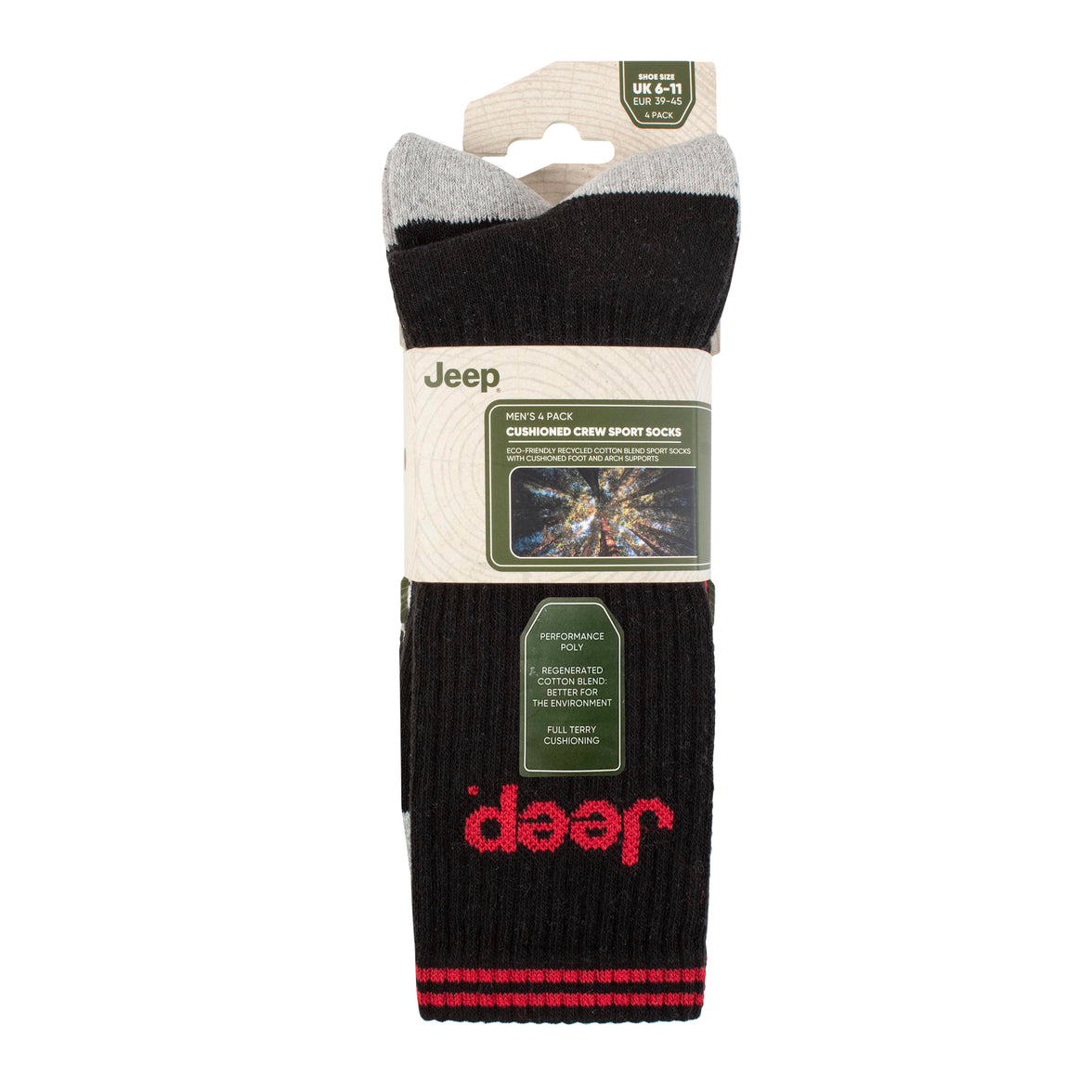 Men's 4 Pair Jeep Regenerated Cotton Crew Sports Socks