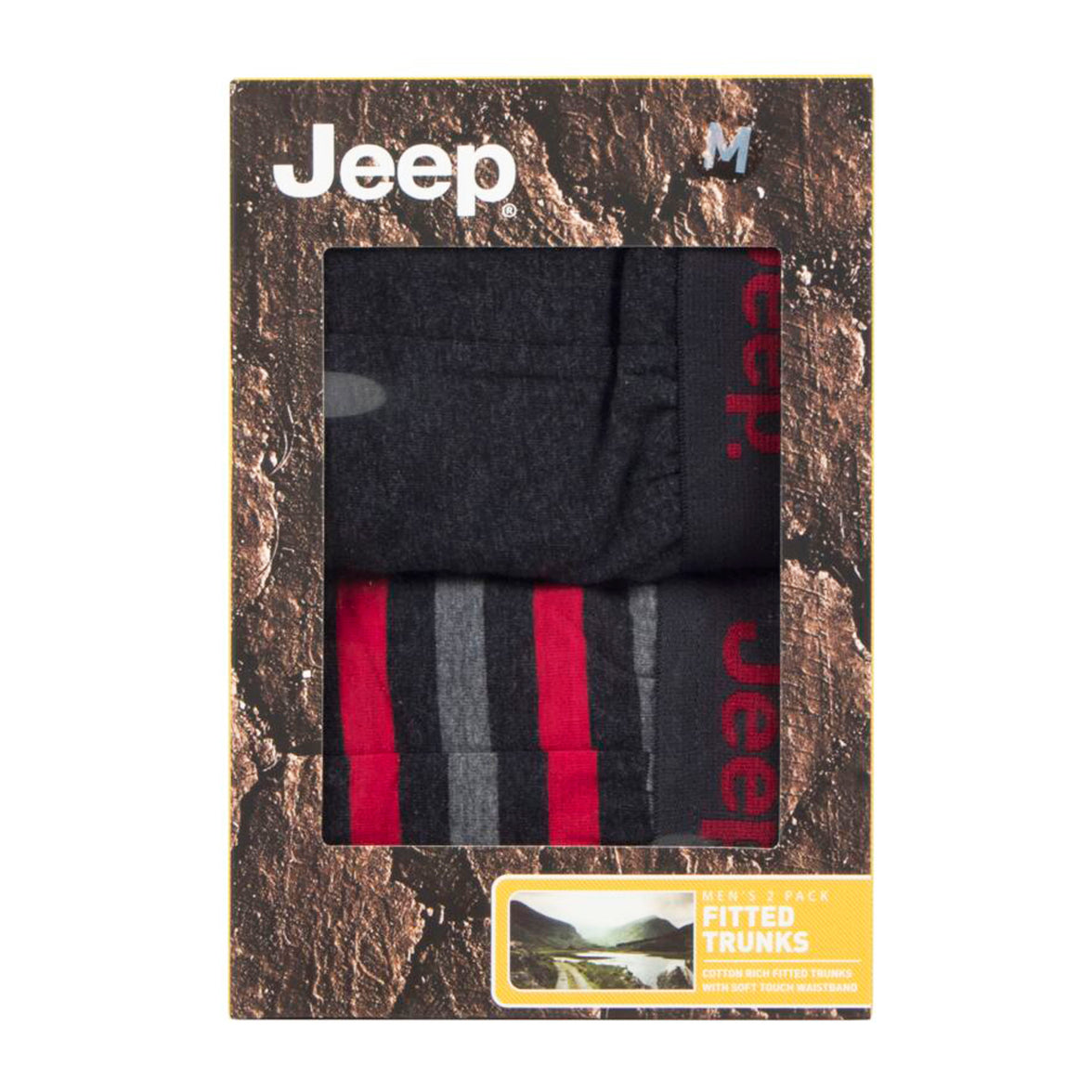 Men's 2 Pack Jeep Cotton Stripe And Plain Fitted Trunks